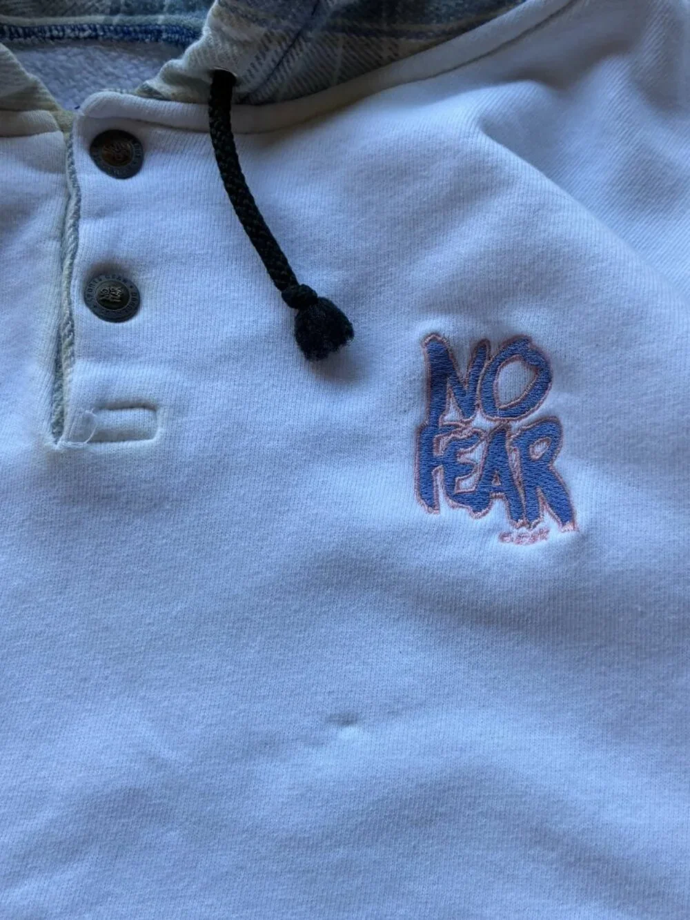 Vintage 90s No Fear Gear White Hoodie Plaid Flannel Lined Hood Snaps XL